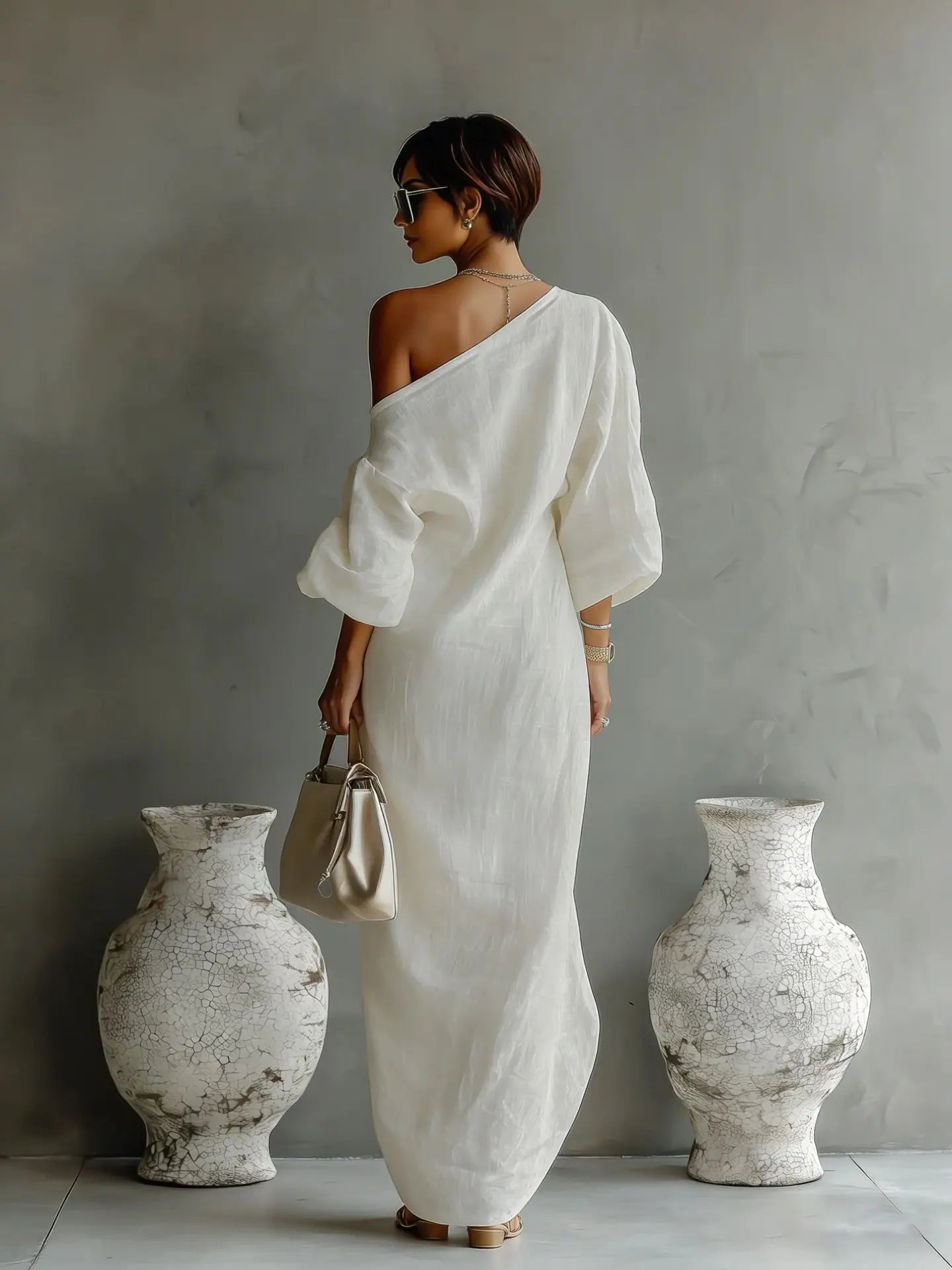 Vestido Maxi de Lino Sin Esfuerzo para Mujeres con Manga Batwing de Un Hombro y Estilo Drapado y Fluyente