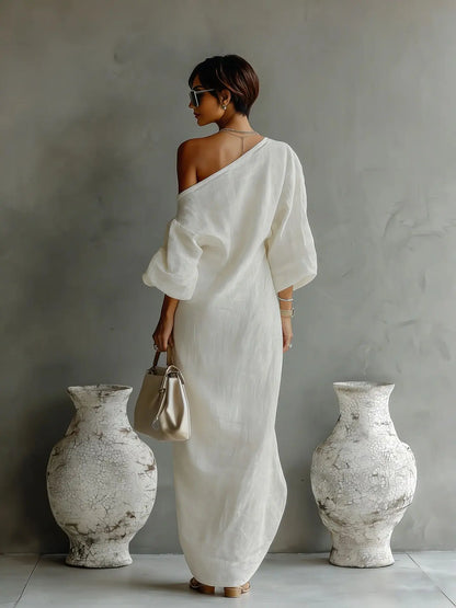 Vestido Maxi de Lino Sin Esfuerzo para Mujeres con Manga Batwing de Un Hombro y Estilo Drapado y Fluyente