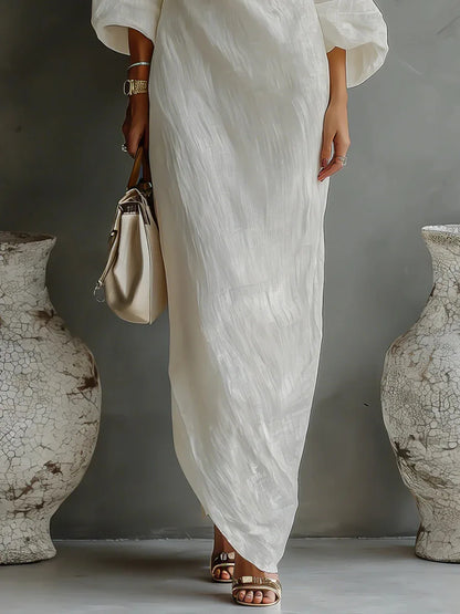 Vestido Maxi de Lino Sin Esfuerzo para Mujeres con Manga Batwing de Un Hombro y Estilo Drapado y Fluyente