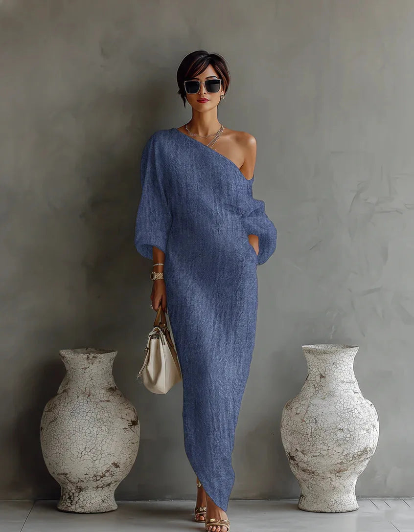 Vestido Maxi de Lino Sin Esfuerzo para Mujeres con Manga Batwing de Un Hombro y Estilo Drapado y Fluyente