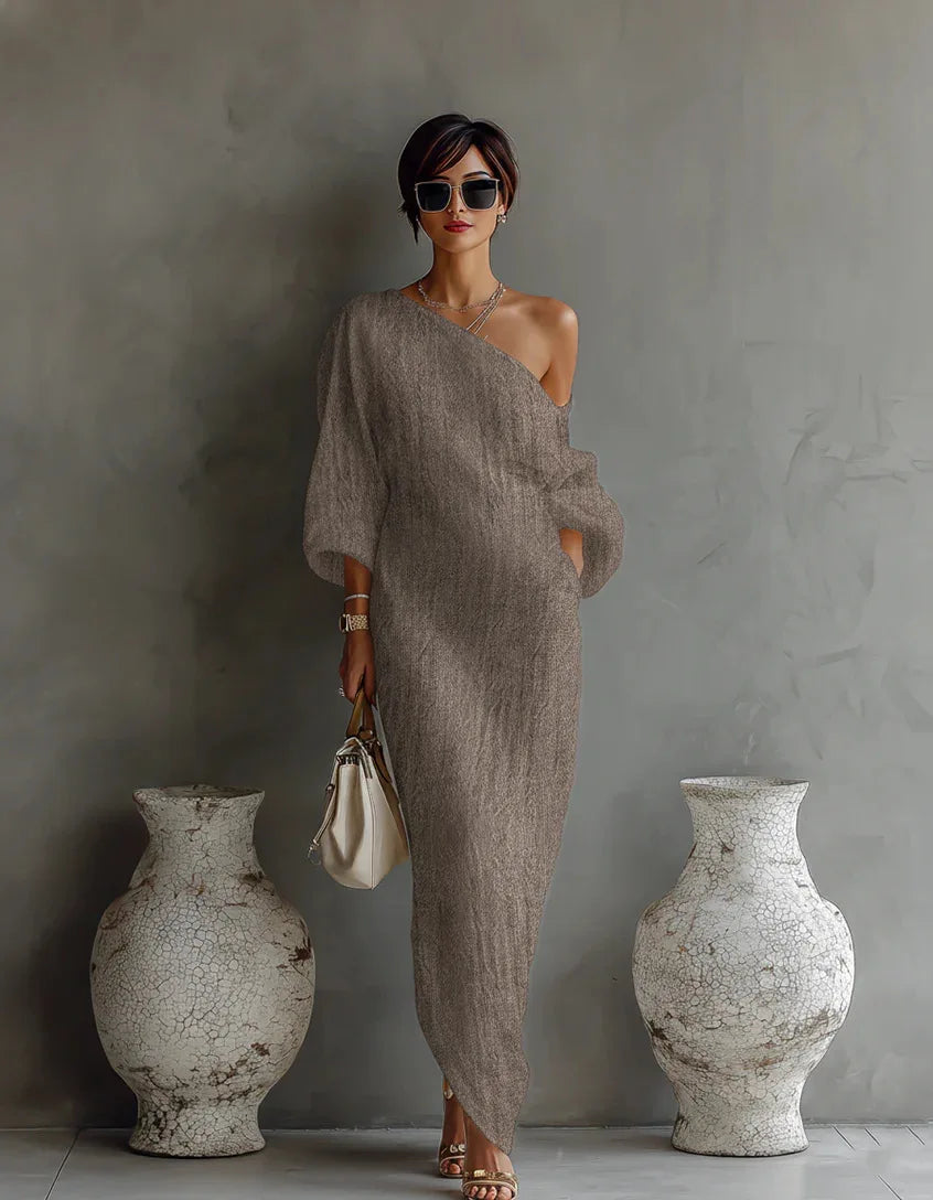 Vestido Maxi de Lino Sin Esfuerzo para Mujeres con Manga Batwing de Un Hombro y Estilo Drapado y Fluyente