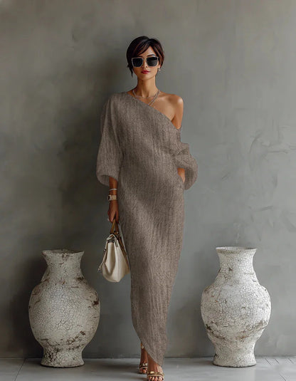 Vestido Maxi de Lino Sin Esfuerzo para Mujeres con Manga Batwing de Un Hombro y Estilo Drapado y Fluyente