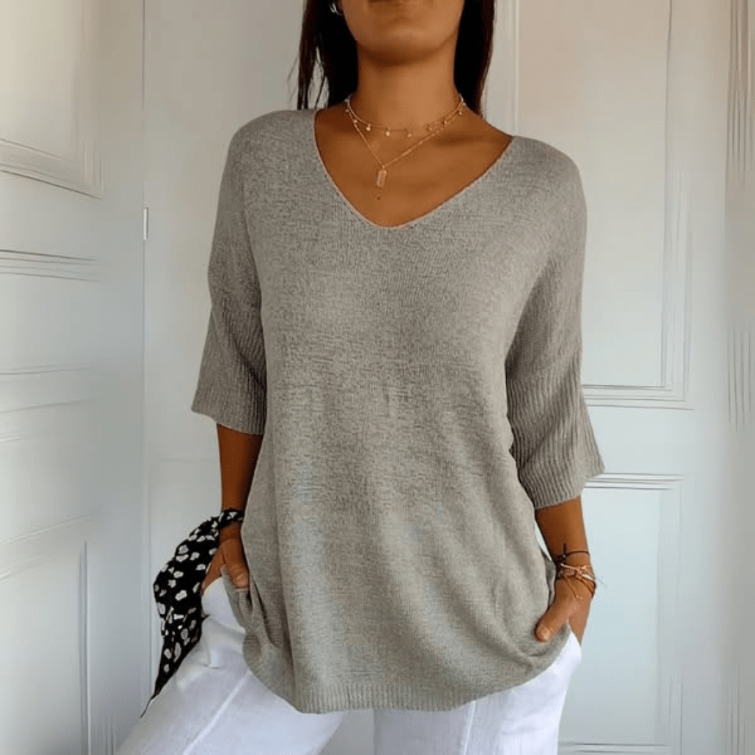 Suéter de Punto Cómodo para Mujeres con Cuello en V y Manga Corta Relajada de Estilo Oversized