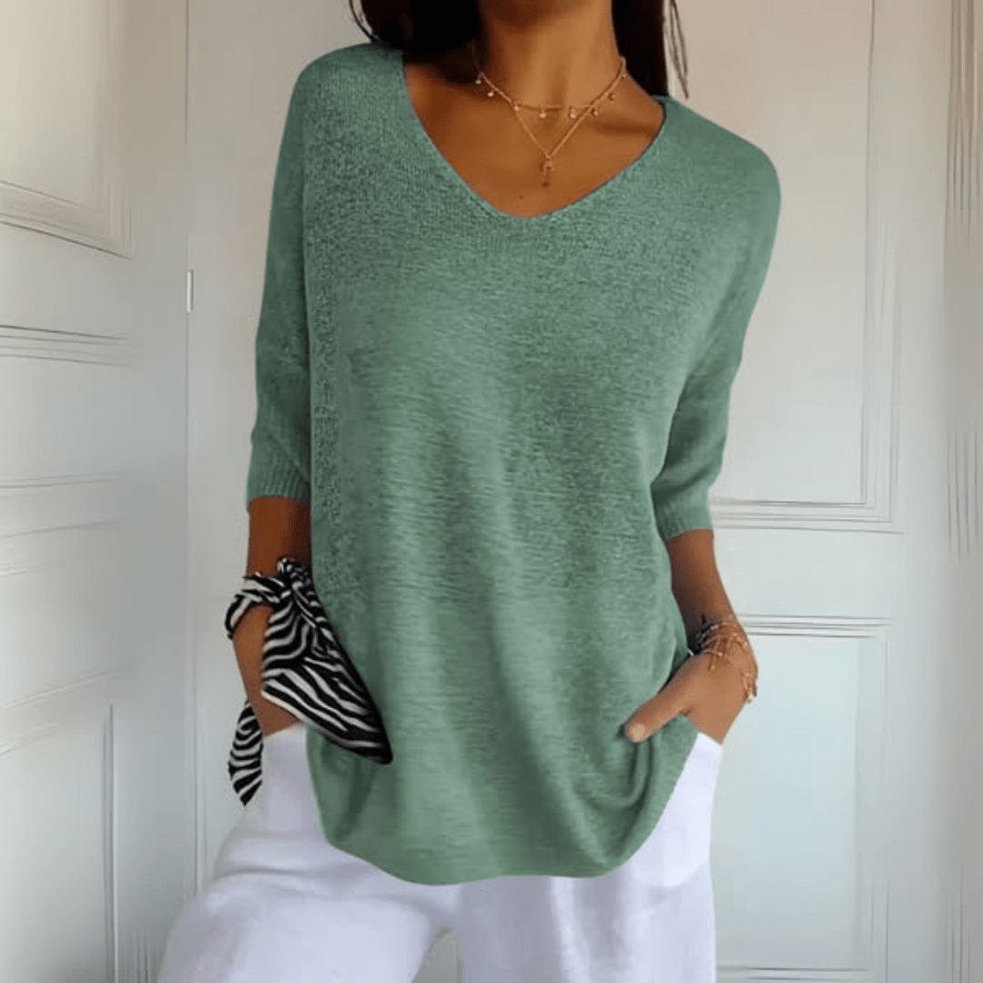 Suéter de Punto Cómodo para Mujeres con Cuello en V y Manga Corta Relajada de Estilo Oversized