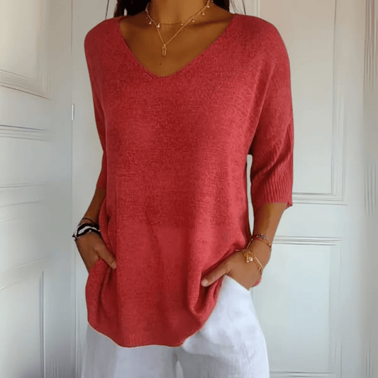 Suéter de Punto Cómodo para Mujeres con Cuello en V y Manga Corta Relajada de Estilo Oversized