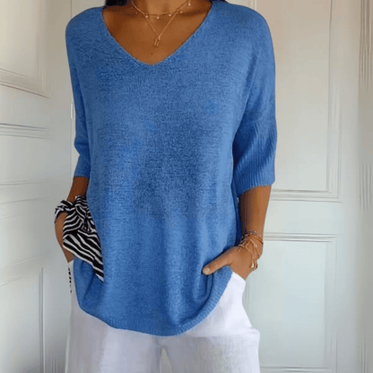 Suéter de Punto Cómodo para Mujeres con Cuello en V y Manga Corta Relajada de Estilo Oversized