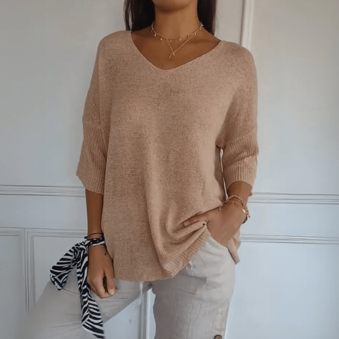 Suéter de Punto Cómodo para Mujeres con Cuello en V y Manga Corta Relajada de Estilo Oversized