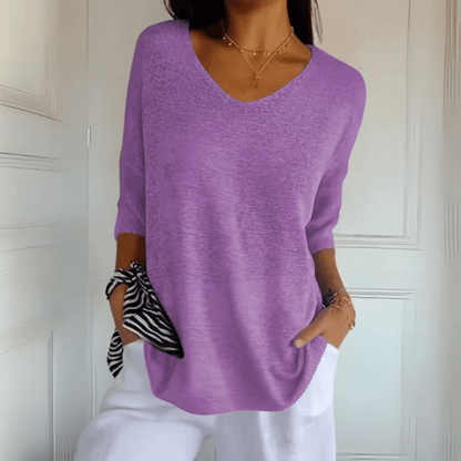 Suéter de Punto Cómodo para Mujeres con Cuello en V y Manga Corta Relajada de Estilo Oversized