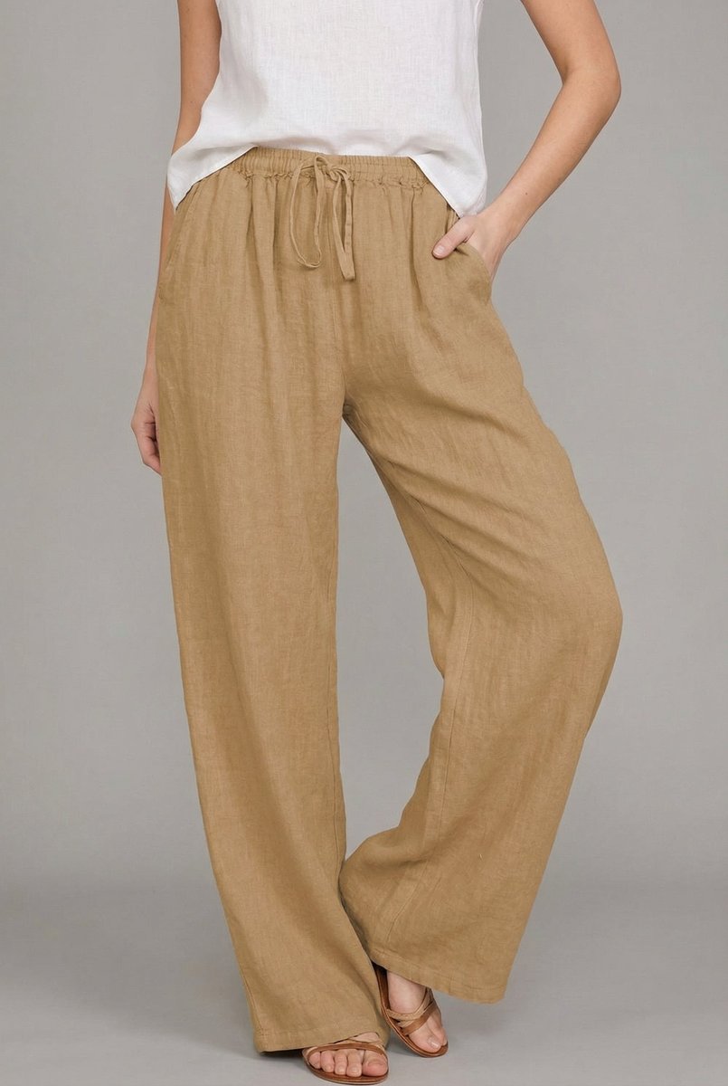 Pantalones de Lino Anchos para Mujeres con Cintura Alta y Cordón, Estilo Casual Relajado
