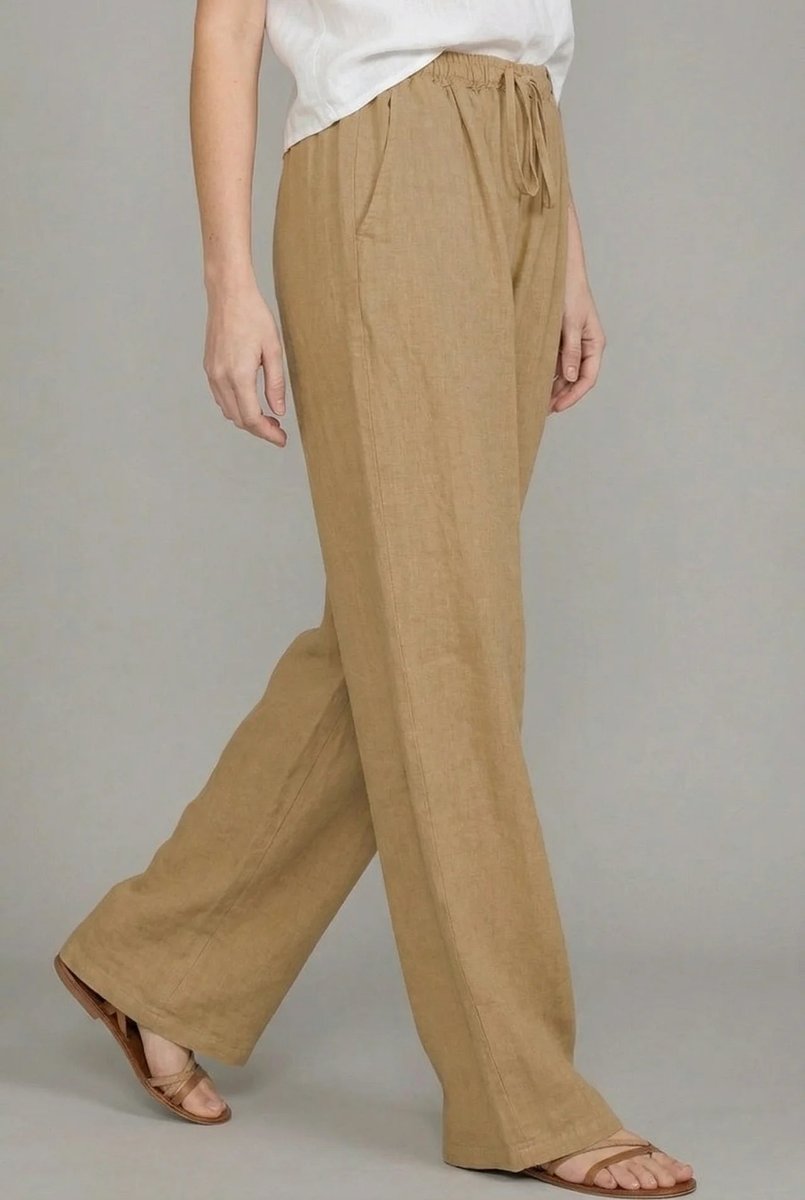 Pantalones de Lino Anchos para Mujeres con Cintura Alta y Cordón, Estilo Casual Relajado