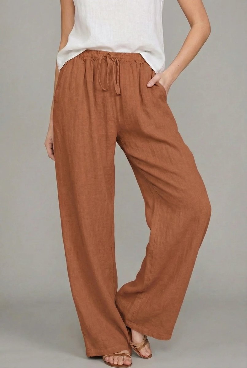 Pantalones de Lino Anchos para Mujeres con Cintura Alta y Cordón, Estilo Casual Relajado