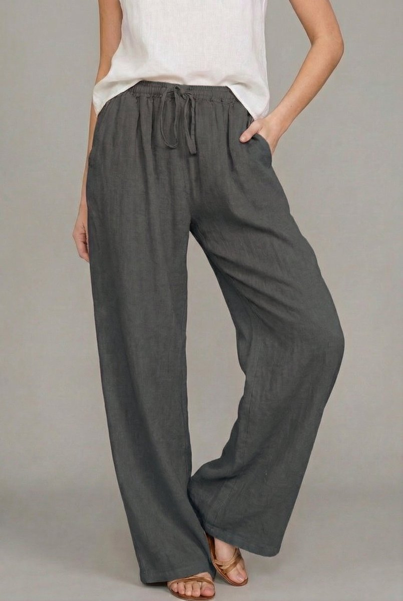 Pantalones de Lino Anchos para Mujeres con Cintura Alta y Cordón, Estilo Casual Relajado