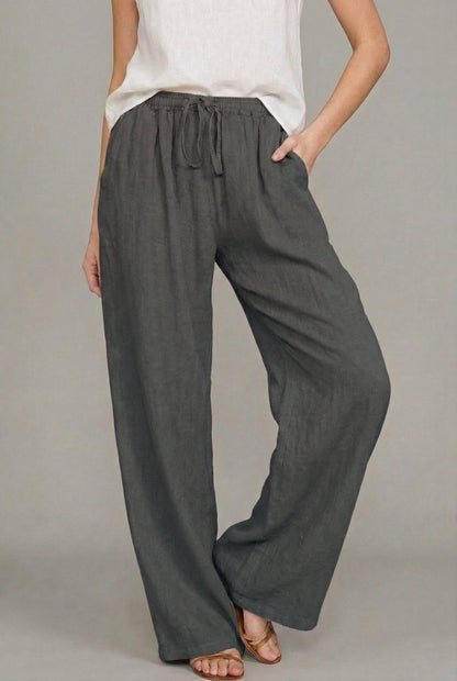 Pantalones de Lino Anchos para Mujeres con Cintura Alta y Cordón, Estilo Casual Relajado