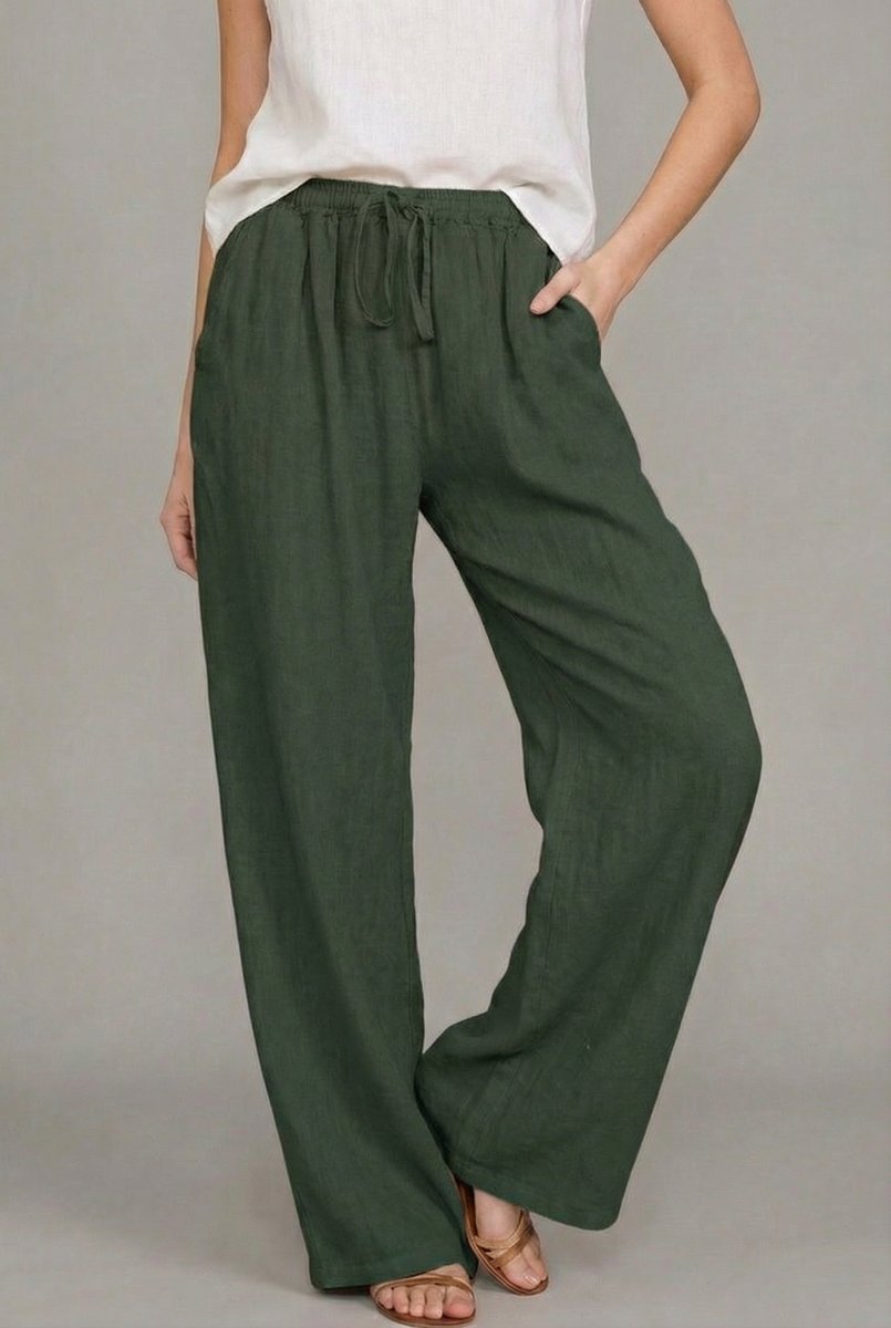 Pantalones de Lino Anchos para Mujeres con Cintura Alta y Cordón, Estilo Casual Relajado