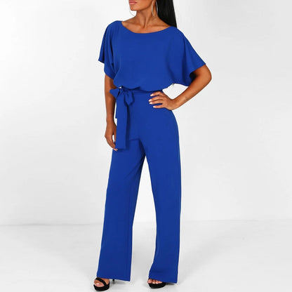 Jumpsuit Elegante de Pierna Ancha para Mujeres con Cuello Barco, Manga Murciélago y Cintura con Cinturón, Estilo Formal para Fiestas