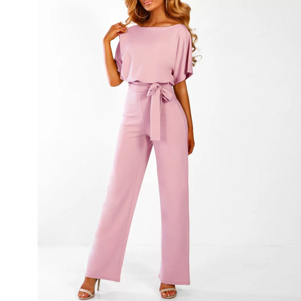 Jumpsuit Elegante de Pierna Ancha para Mujeres con Cuello Barco, Manga Murciélago y Cintura con Cinturón, Estilo Formal para Fiestas