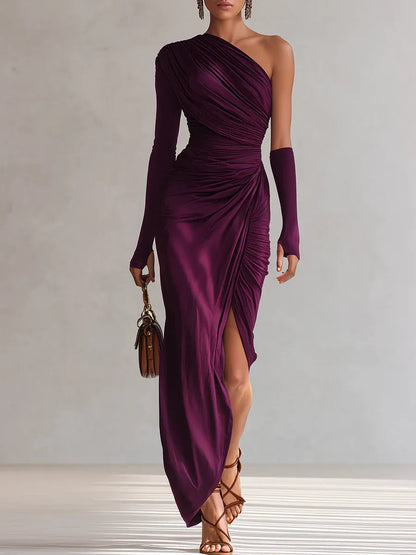Elegante Vestido Maxi de Satén Púrpura para Mujeres con Un Hombro, Manga Larga, Estilo Fruncido y Alto Desgaste