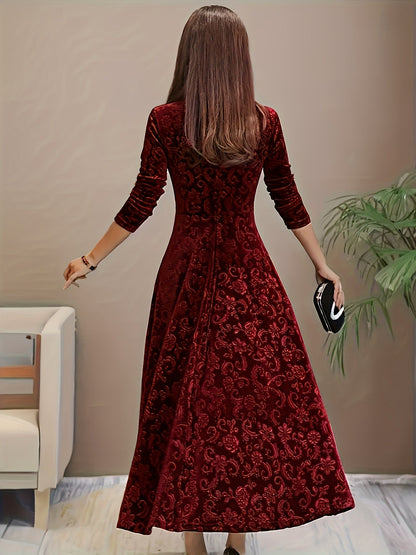 Vestido Maxi Floral de Terciopelo Elegante para Mujeres con Cuello Cuadrado y Manga de Codo Estilo A Fluyente