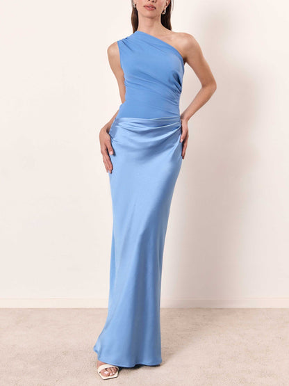 Elegante Vestido Maxi de Satén para Mujeres con Un Hombro, Drapado y Estilo Sirena para la Noche
