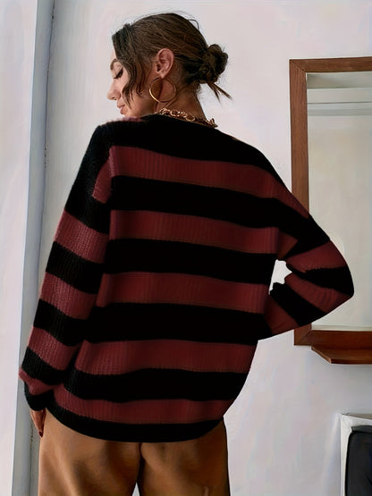 Suéter a Rayas Cómodo para Mujeres con Cuello Redondo, Manga Larga, Estilo Relajado y Oversized