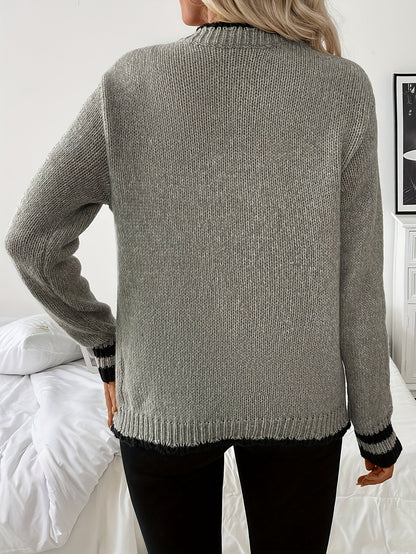 Suéter Cardigan de Contraste Cómodo para Mujeres con Cuello en V, Manga Larga y Botones en la Parte Frontal, Estilo de Punto Acanalado