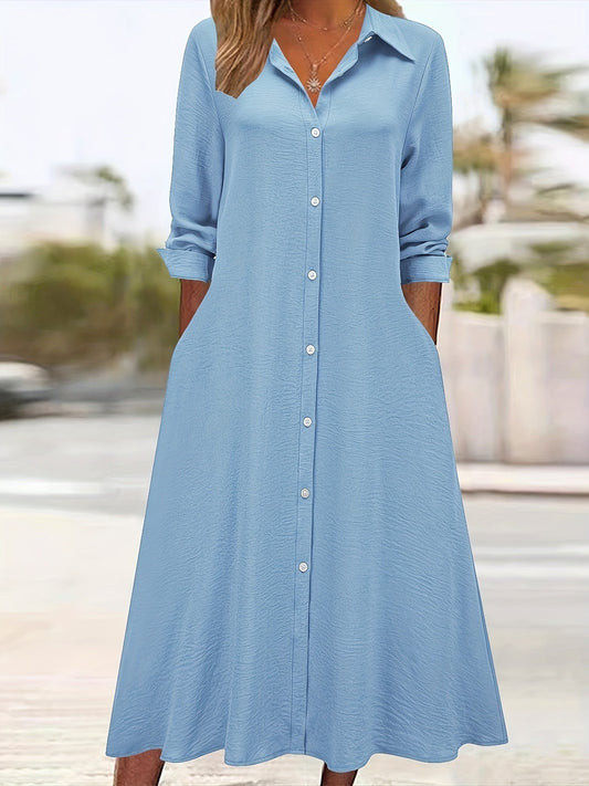 Vestido Camisa Elegante de Botones Frontal para Mujeres con Cuello y Manga Larga Estilo A Linea Fluyente