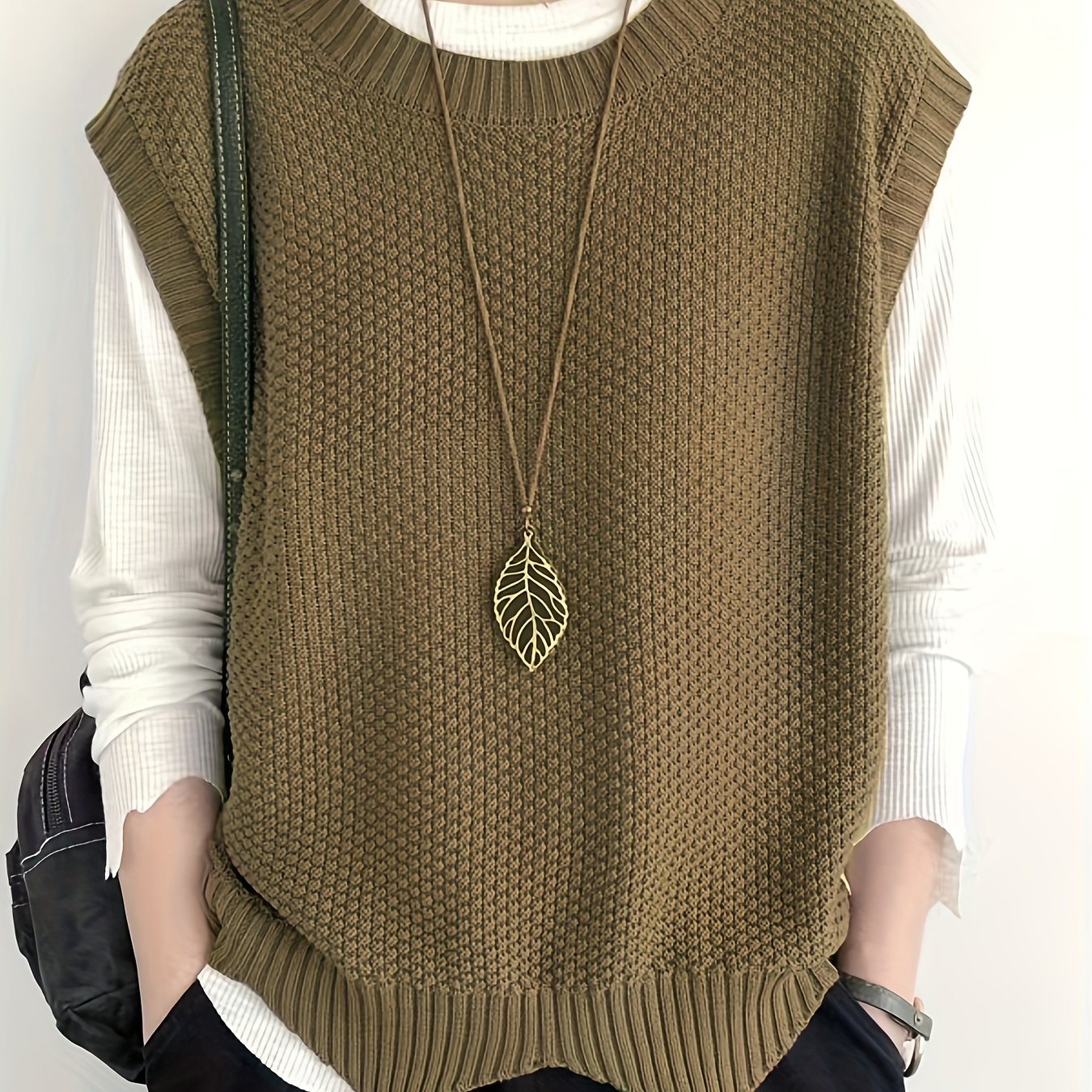 Chaleco de Suéter de Punto Grueso Cómodo para Mujeres con Cuello Redondo Sin Mangas Estilo Relajado y Oversized
