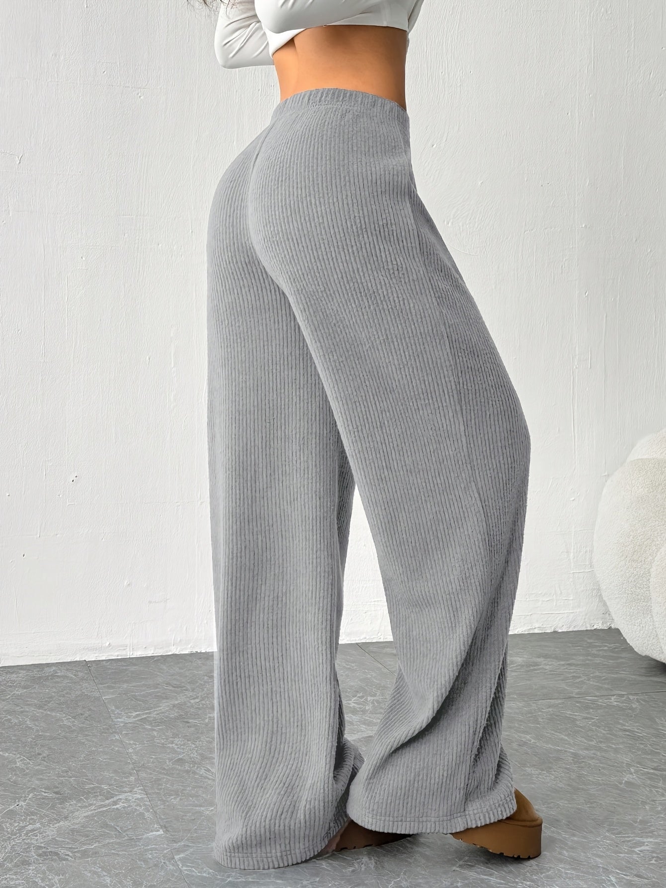 Pantalones Anchos de Punto Acanalado para Mujeres con Cintura Alta y Cuerda de Ajuste, Estilo Casual Relajado