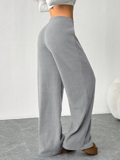Pantalones Anchos de Punto Acanalado para Mujeres con Cintura Alta y Cuerda de Ajuste, Estilo Casual Relajado