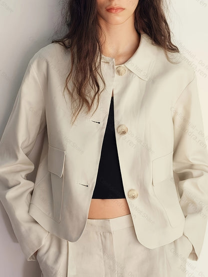 Conjunto Elegante de Pierna Ancha en Albaricoque para Mujeres con Cuello, Manga Larga y Botones de Dos Piezas