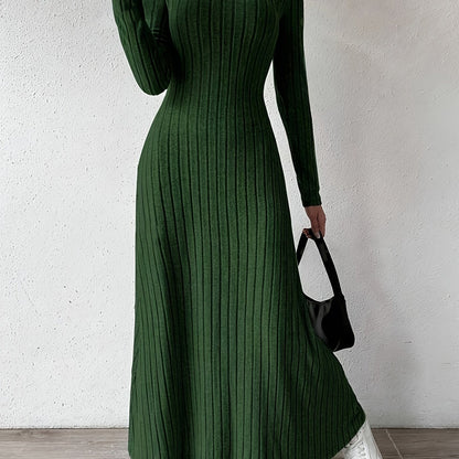 Elegante Vestido Largo de Punto Acanalado para Mujeres con Escote en V y Manga Larga Ajustado y Fluido