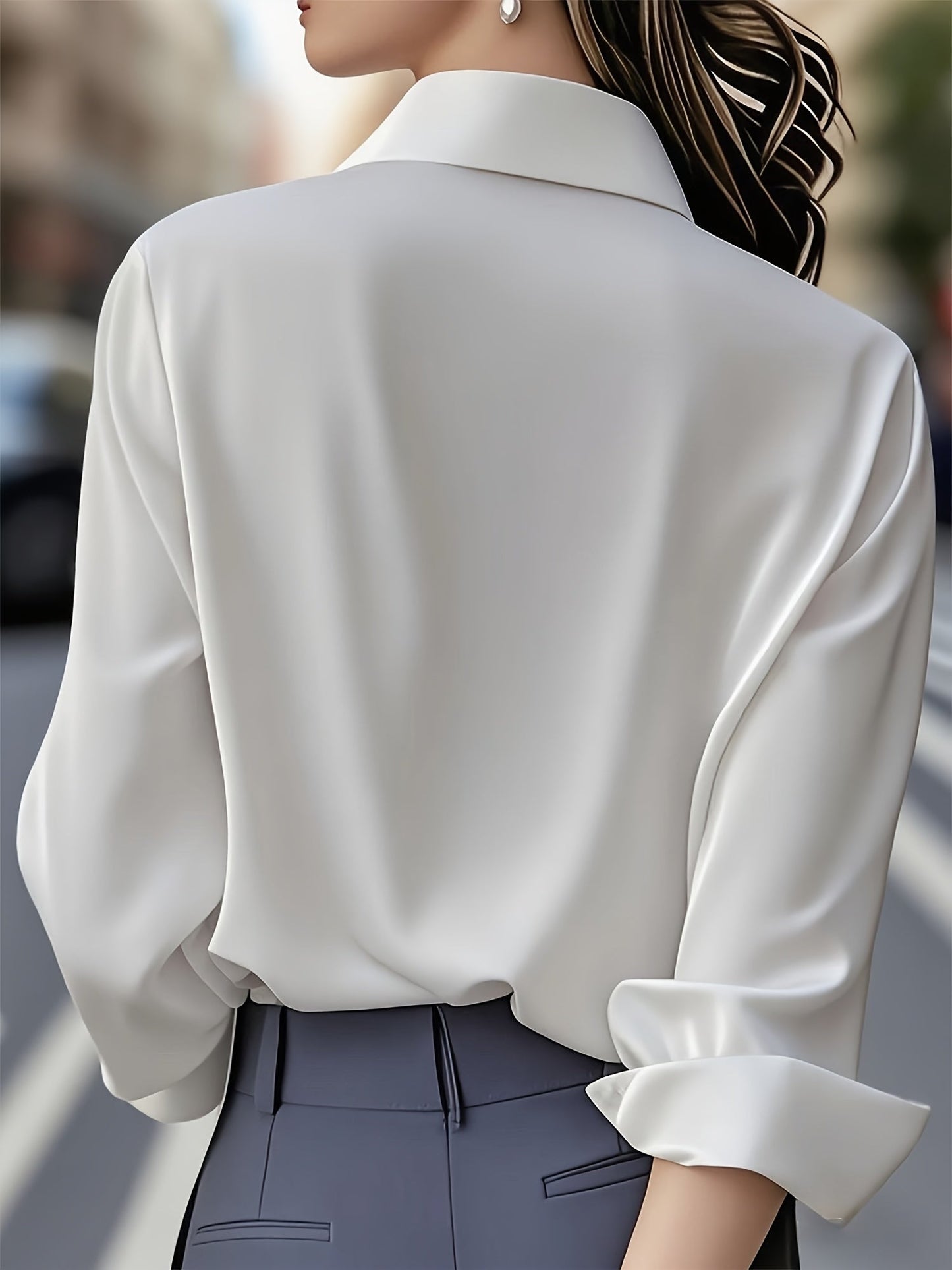 Blusa de Satén Elegante para Mujeres con Cuello de Manga Larga y Botones en la Parte Delantera Estilo Relajado y Sedoso