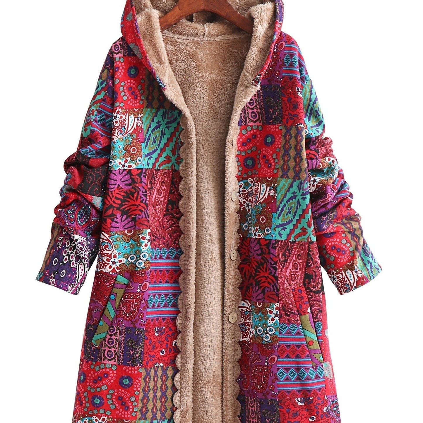 Abrigo de forro polar con estampado de patchwork sin esfuerzo para mujeres, con capucha, manga larga, frente abotonado y estilo bohemio oversized