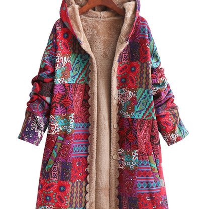Abrigo de forro polar con estampado de patchwork sin esfuerzo para mujeres, con capucha, manga larga, frente abotonado y estilo bohemio oversized