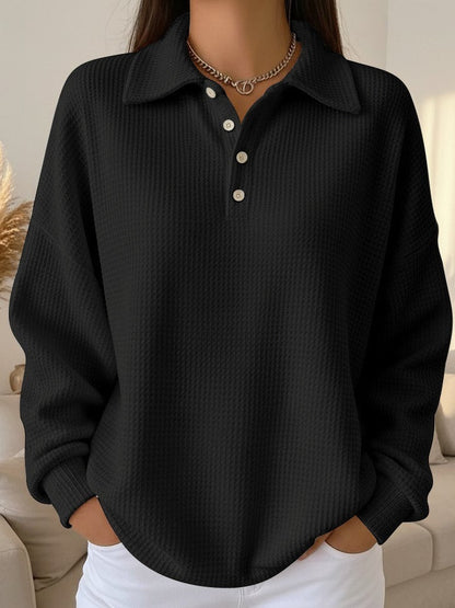 Suéter de Polo de Tejido Waffle sin Esfuerzo para Mujeres con Cuello, Manga Larga, Botonera y Estilo Oversized