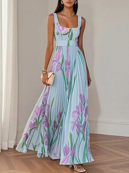 Vestido Maxi Floral Elegante para Mujeres con Escote Cuadrado Sin Mangas y Cinturón con Pliegues