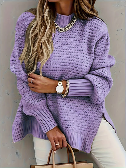 Suéter de Punto Texturizado Cómodo para Mujeres con Cuello Alto y Manga Larga en Estilo Relajado y Oversized