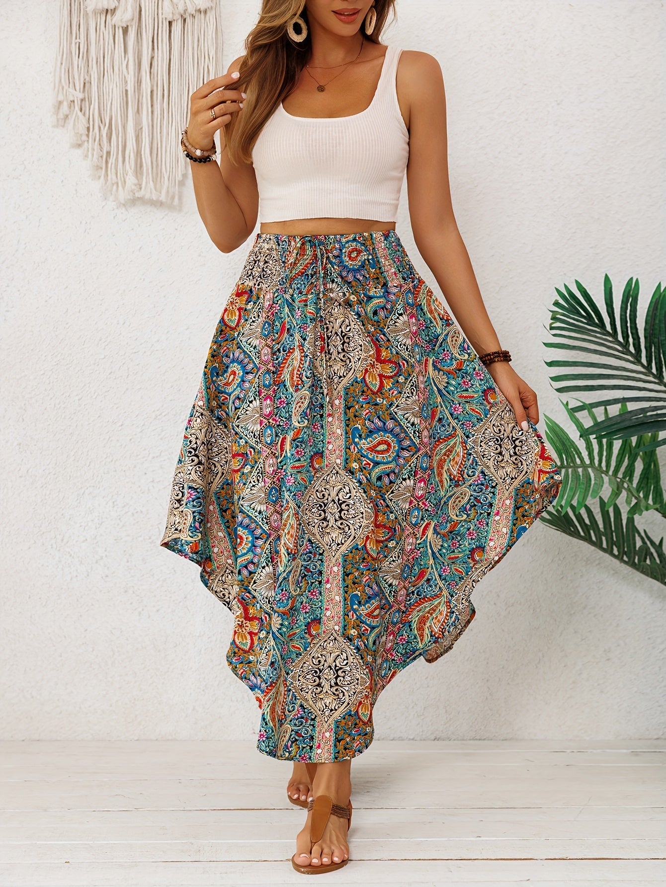 Falda Maxi Paisley Multicolor Sin Esfuerzo para Mujeres con Cintura Alta, Cuerda Ajustable y Dobladillo Asimétrico Estilo Bohemio