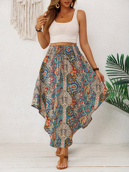 Falda Maxi Paisley Multicolor Sin Esfuerzo para Mujeres con Cintura Alta, Cuerda Ajustable y Dobladillo Asimétrico Estilo Bohemio