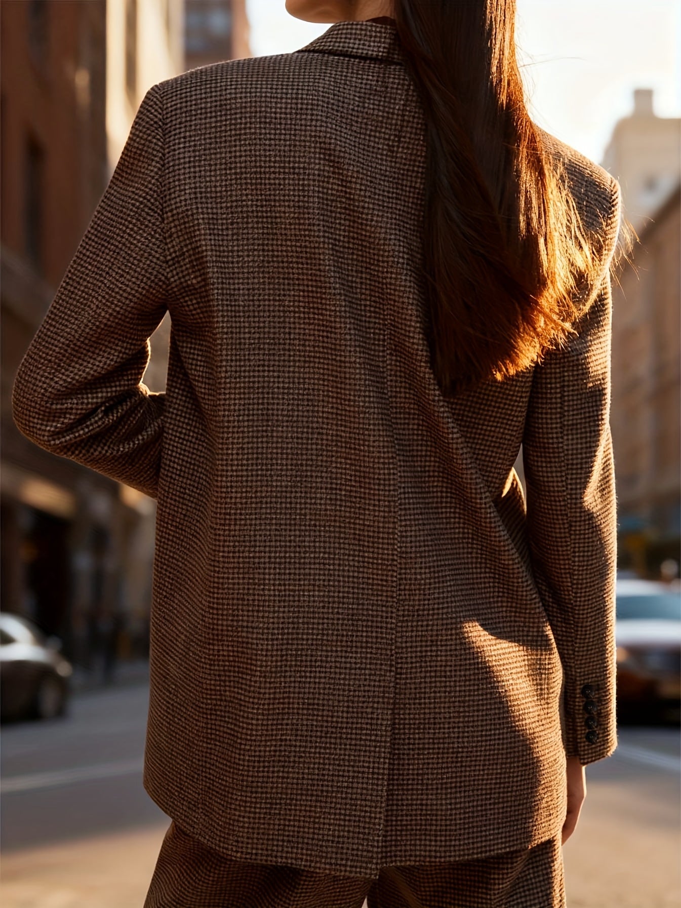 Conjunto de Dos Piezas en Houndstooth Café Elegante para Mujeres con Blazer de Solapa Doble y Pantalones Cortos de Cintura Alta Estilo Formal