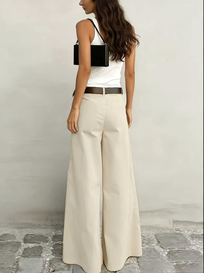 Pantalones Anchos Sin Esfuerzo para Mujeres con Cintura Alta, Botón Frontal, Estilo Casual Relajado