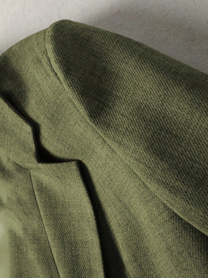 Blazer Texturizado Verde Helecho Elegante para Mujeres con Solapa de Muesca, Manga Larga y Puño Rayado Estilo Casual