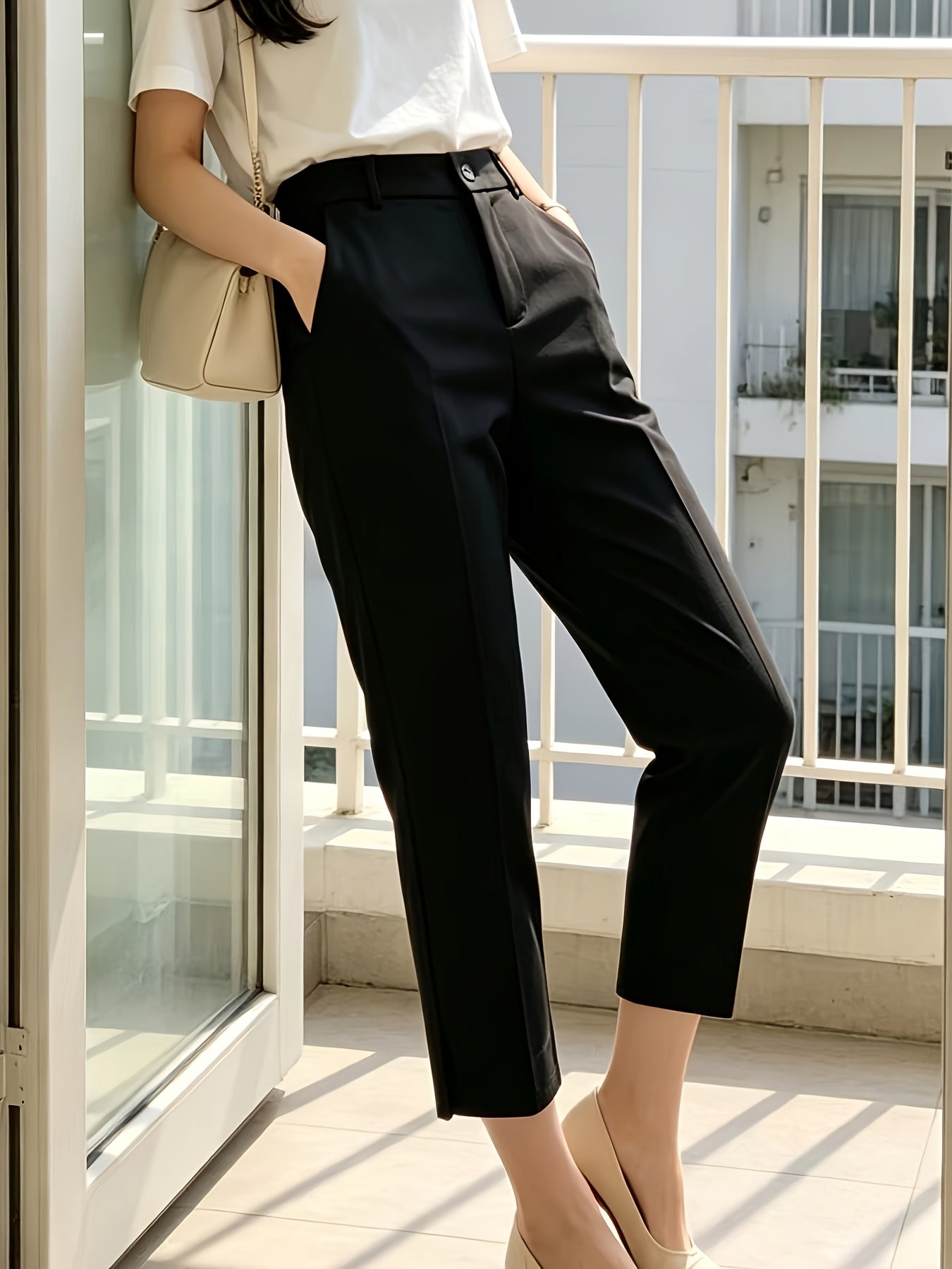 Pantalones Elegantes a Medida para Mujeres con Cintura Alta, Botón Frontal y Abertura Lateral en el Tobillo