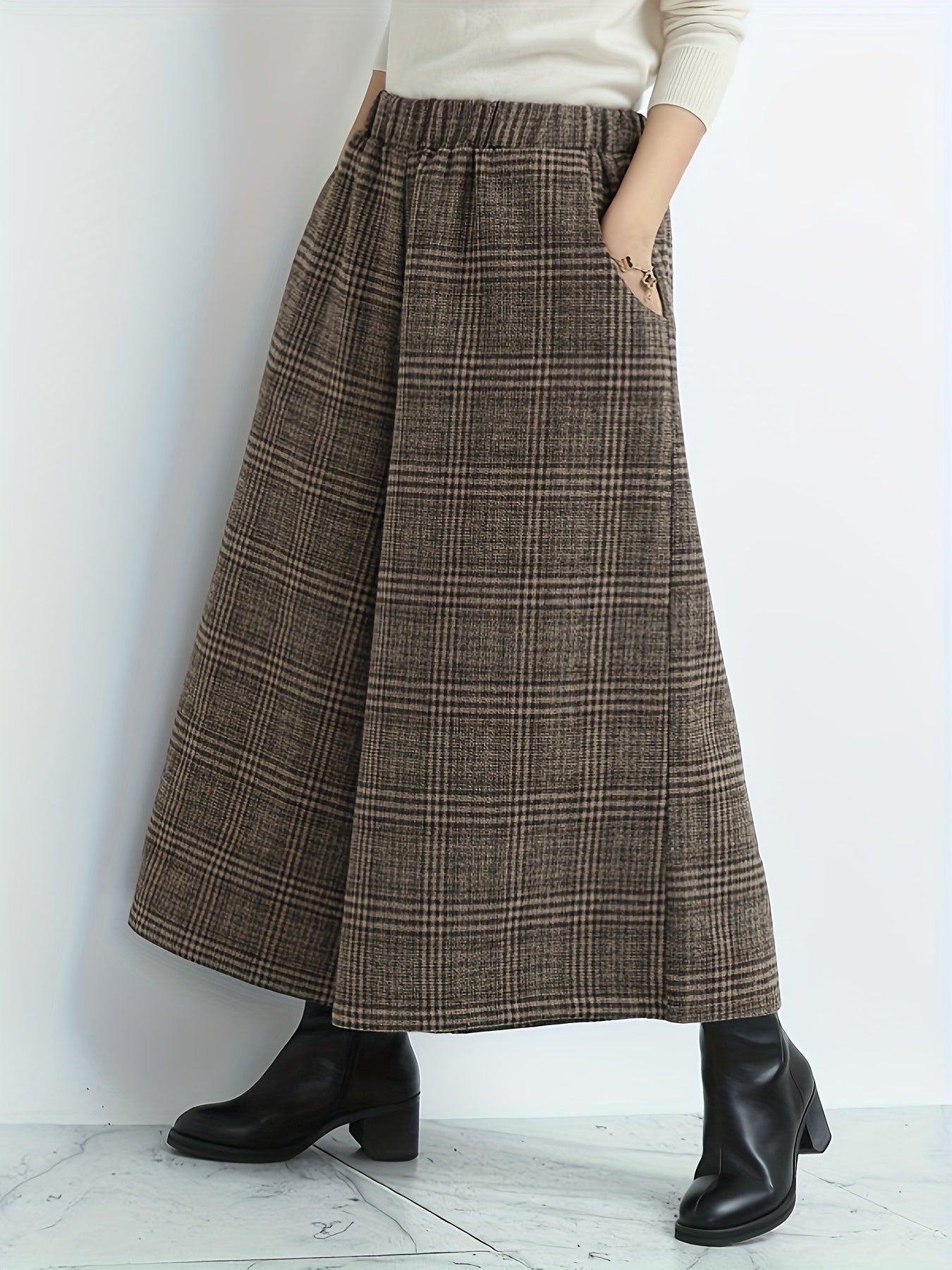 Pantalones Culotte de Cuadros Amplios para Mujer con Cintura Alta Elástica, Estilo Casual Relajado