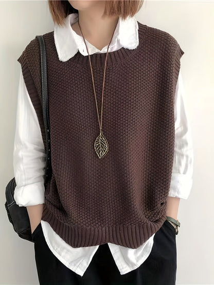 Chaleco de Suéter de Punto Grueso Cómodo para Mujeres con Cuello Redondo Sin Mangas Estilo Relajado y Oversized