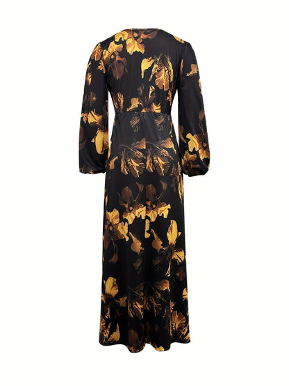 Elegante Vestido Maxi Floral Negro para Mujeres con Escote en V, Mangas Obispo y Dobladillo Asimétrico
