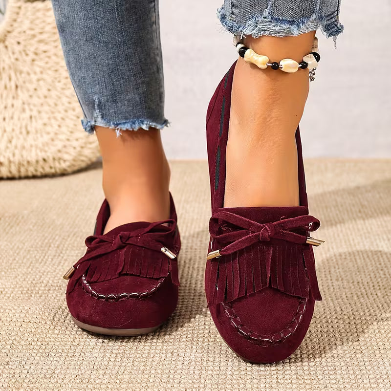 Zapatos de Casa Cómodos para Mujeres con Moño de Flecos Estilo Mocasín Sin Cordones