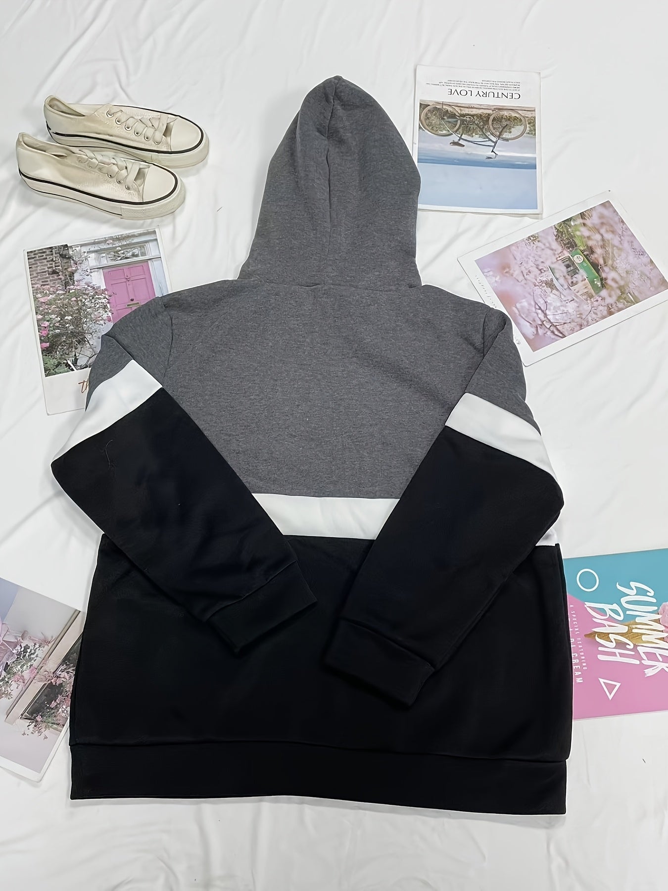 Sudadera Colorblock Cómoda para Mujeres con Cuello de Cowl, Manga Larga, Capucha, Estilo Oversized de Tejido