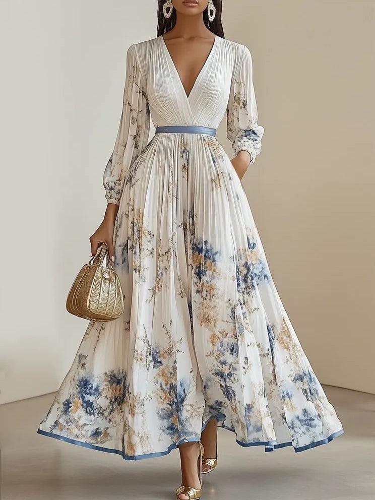 Vestido Maxi Floral Blanco Elegante para Mujeres con Escote en V, Manga Larga, Plisado y Cinturón Fluido