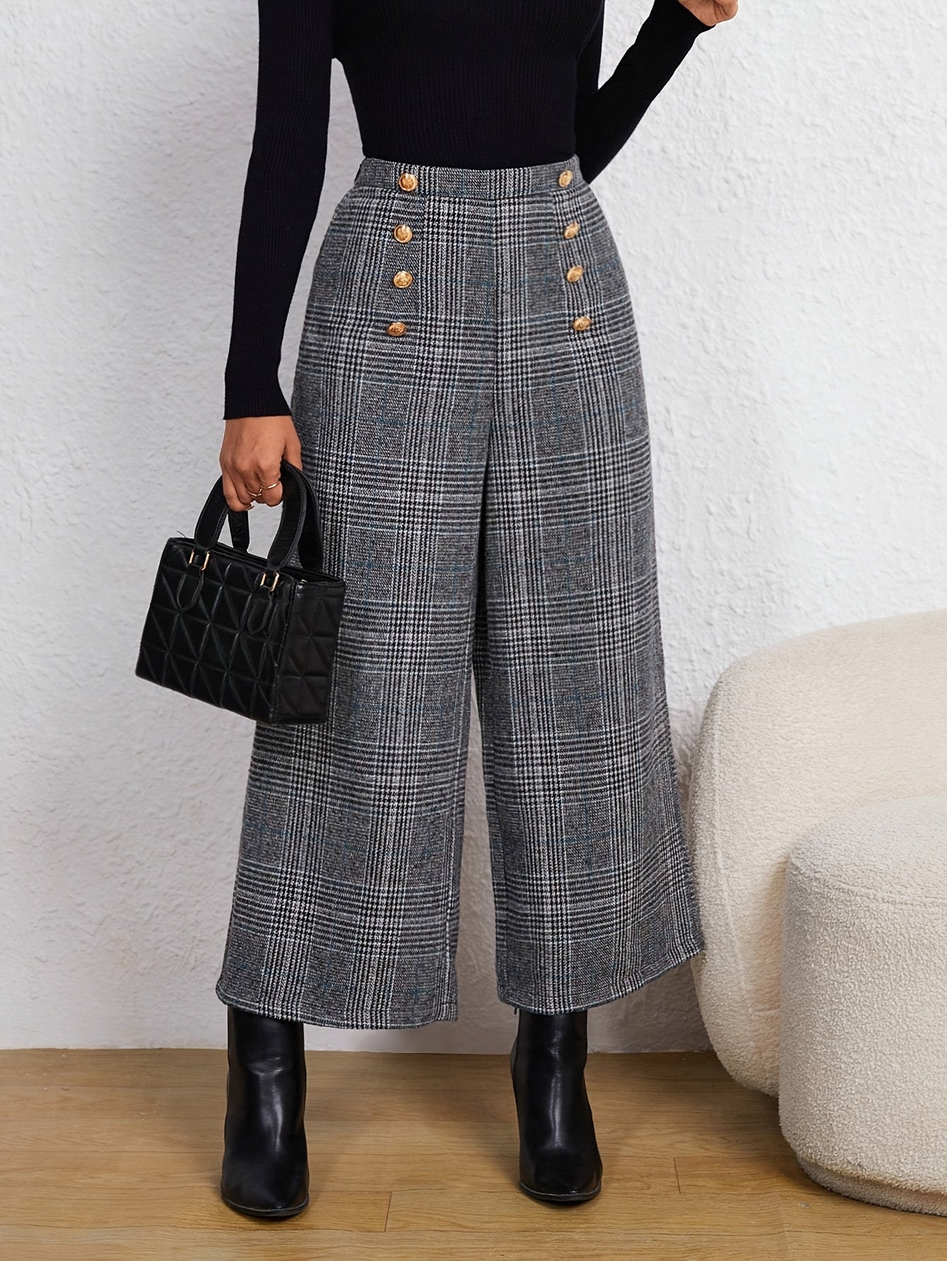Pantalones Anchos de Cuadros Grises Elegantes para Mujeres con Cintura Alta y Estilo Ajustado